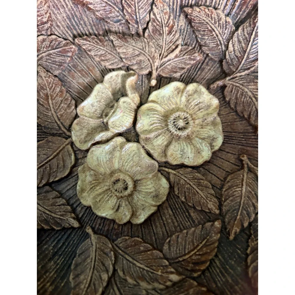 Vintage 1951 Multi Products Inc Molded Wood Floral Bowl Brown Scalloped 8 Inch
